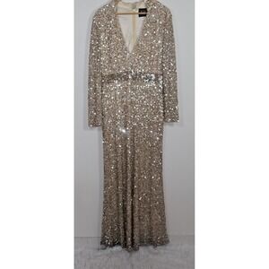 Mac Duggal Dress Gown Size 10 Silver Gold Sequin Maxi Formal